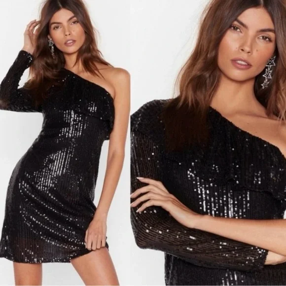 NWT Nasty Gal One Shoulder Black Sequin Party Dress - Medium - Picture 1 of 12